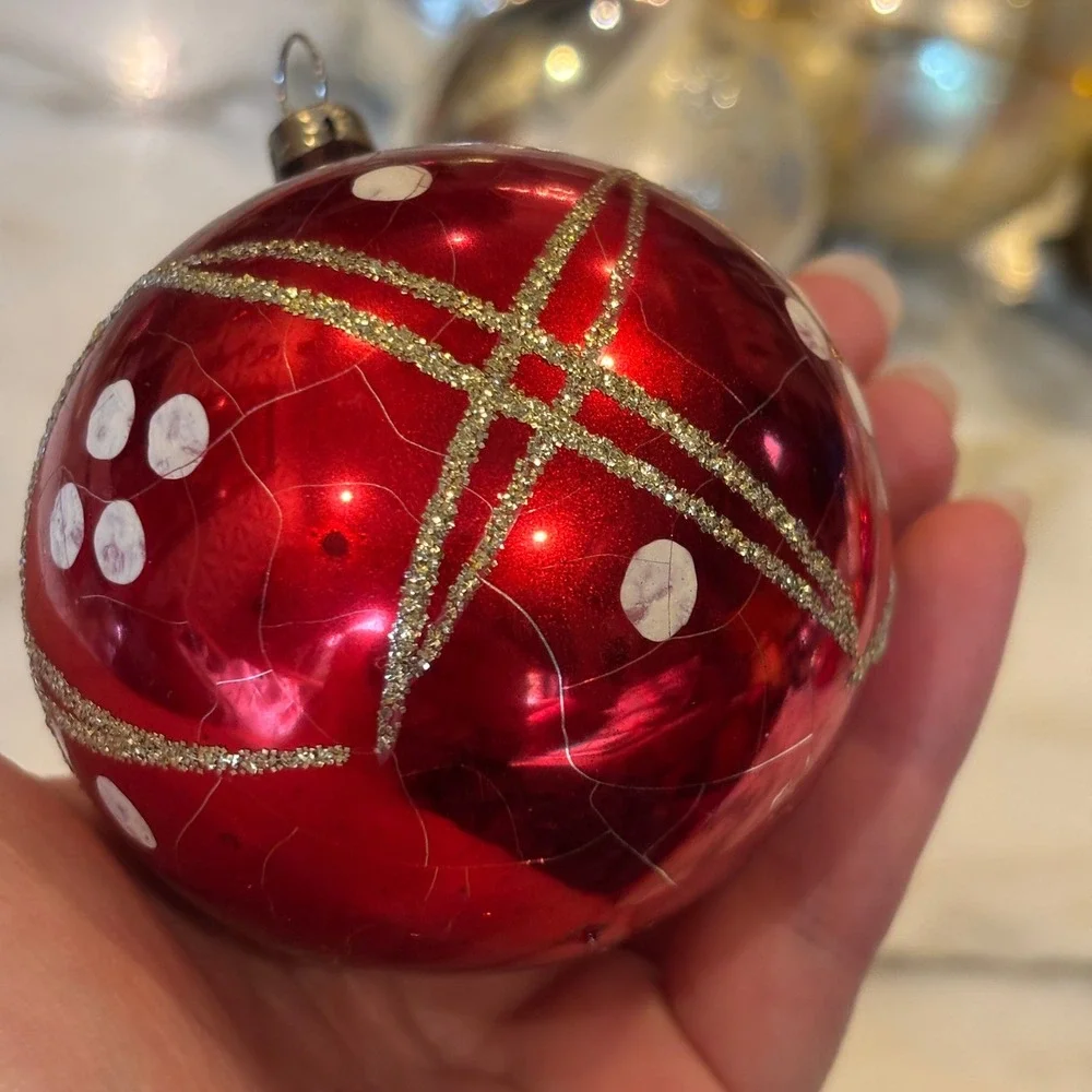 Assorted Vintage MCM Glass Ball Christmas Ornaments Red Gold Silver Set 6pc